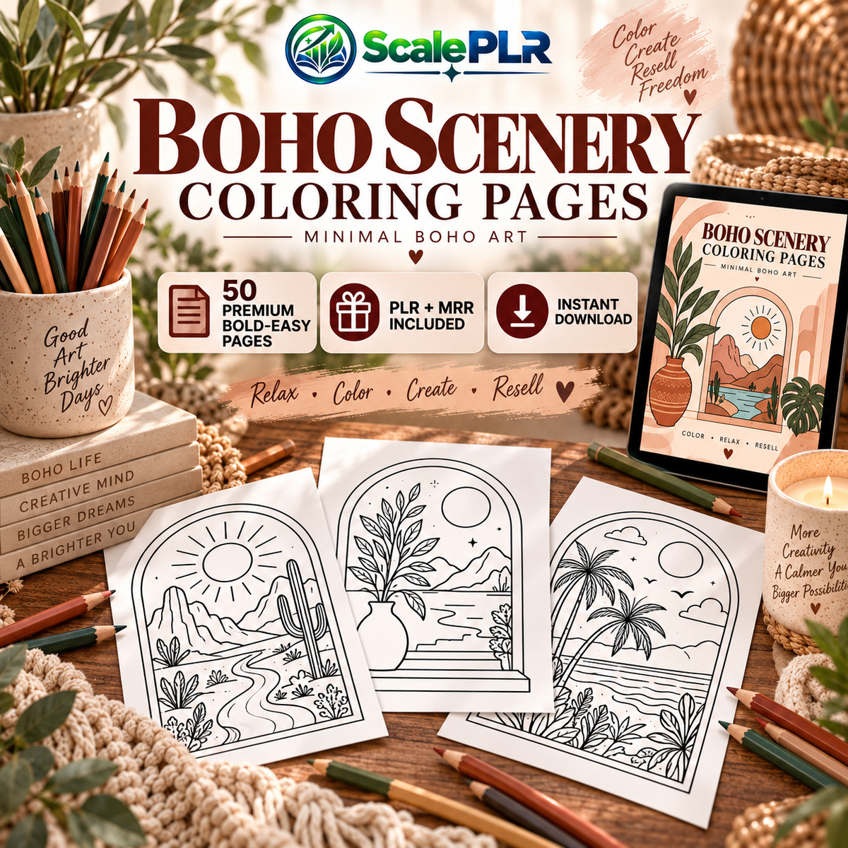 50 Boho Aesthetic Coloring Pages | Printable Coloring Book | PLR + MRR Resell Rights