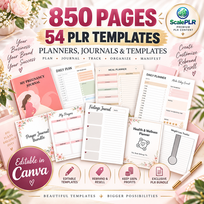850+ Pages PLR Planner Bundle | 54 Canva Templates | Editable + Printable | PLR + MRR Rights