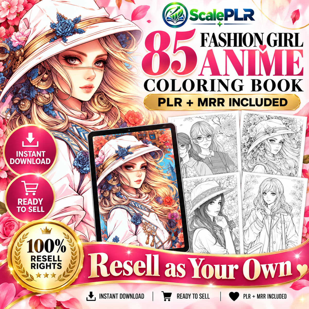85 Fashion Girl Anime Coloring Pages | Printable Coloring Book | PLR + MRR Resell Rights