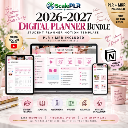 Beautiful Pink Student Notion Planner with Resell Rights
