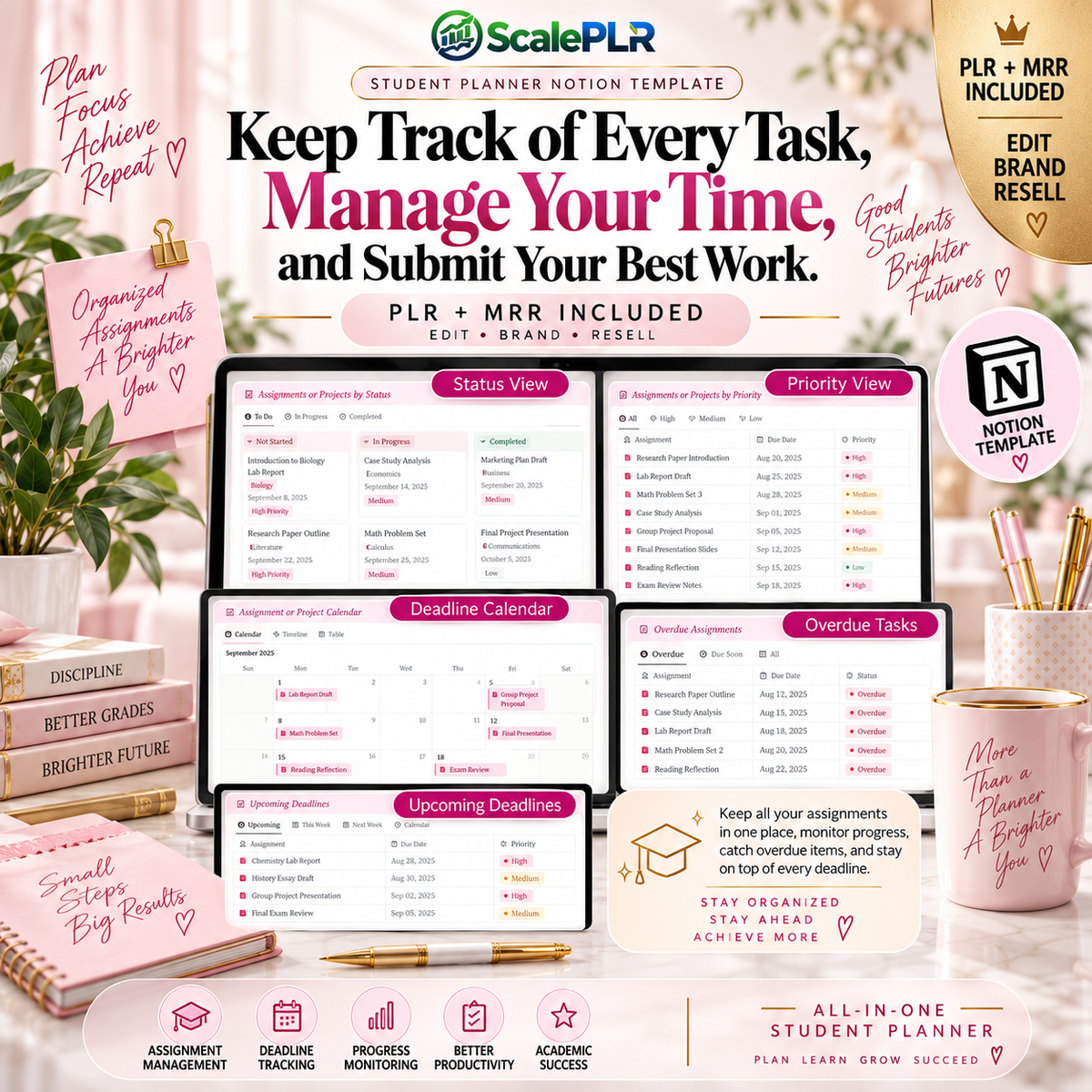 Beautiful Pink Student Notion Planner with Resell Rights
