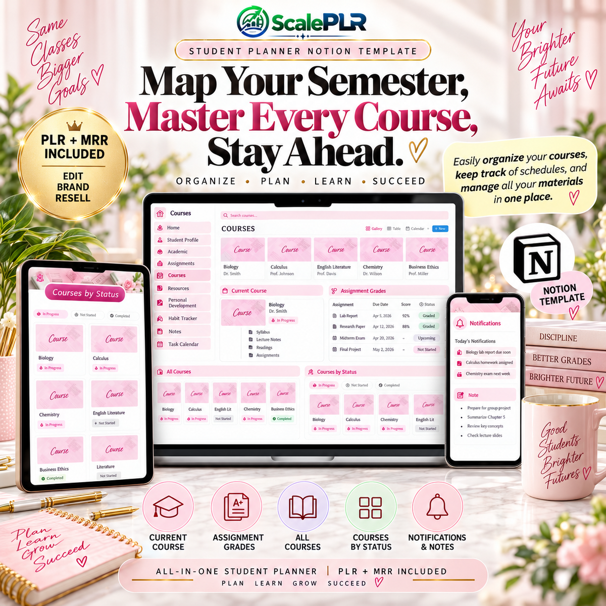 Beautiful Pink Student Notion Planner with Resell Rights