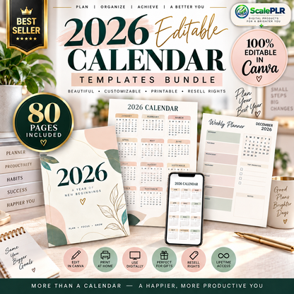 2026 Editable Calendar Weekly, Monthly, & Yearly