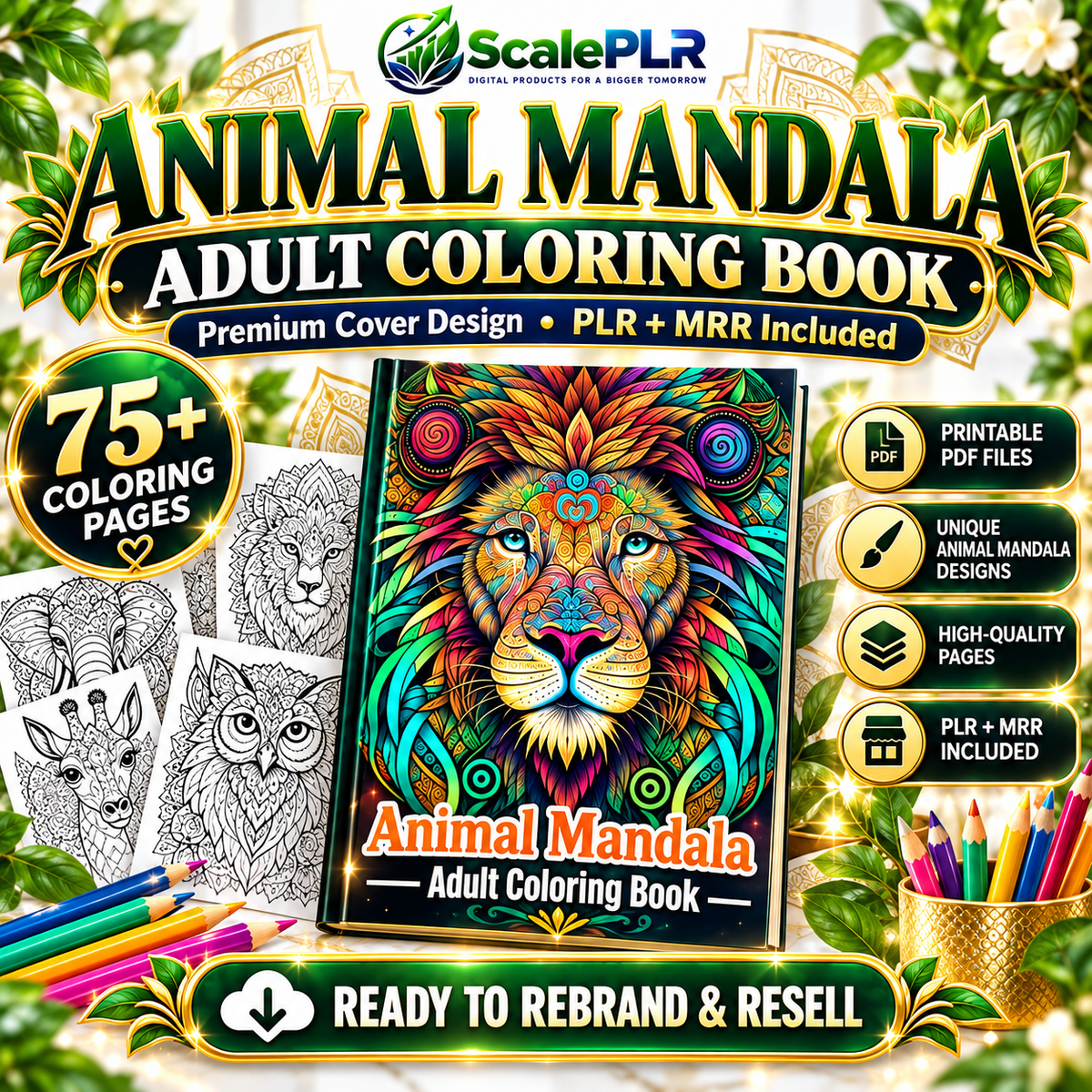 50 Animal Mandala Coloring Pages | Printable Coloring Book | Resell Rights Included