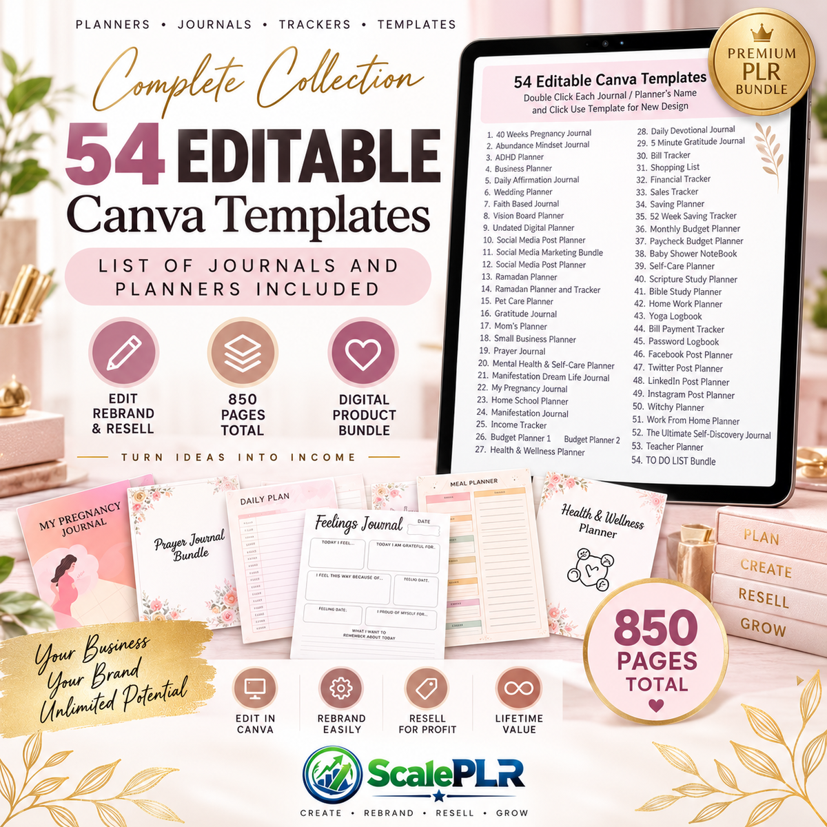 850+ Pages PLR Planner Bundle | 54 Canva Templates | Editable + Printable | PLR + MRR Rights