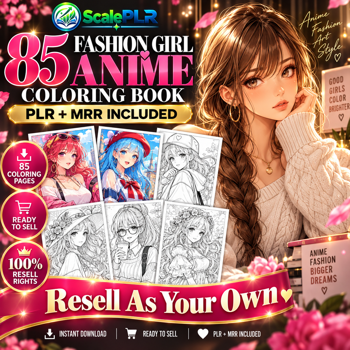 85 Fashion Girl Anime Coloring Pages | Printable Coloring Book | PLR + MRR Resell Rights