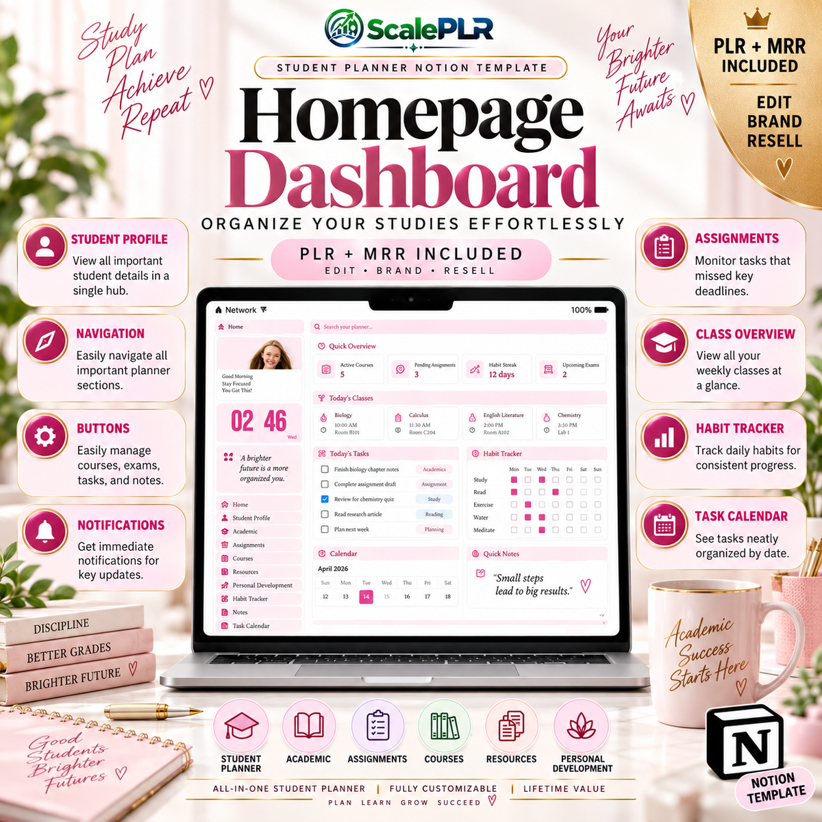 Beautiful Pink Student Notion Planner with Resell Rights
