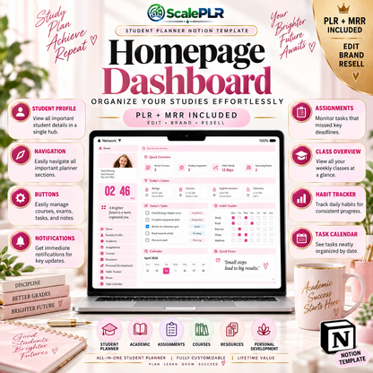 Beautiful Pink Student Notion Planner with Resell Rights
