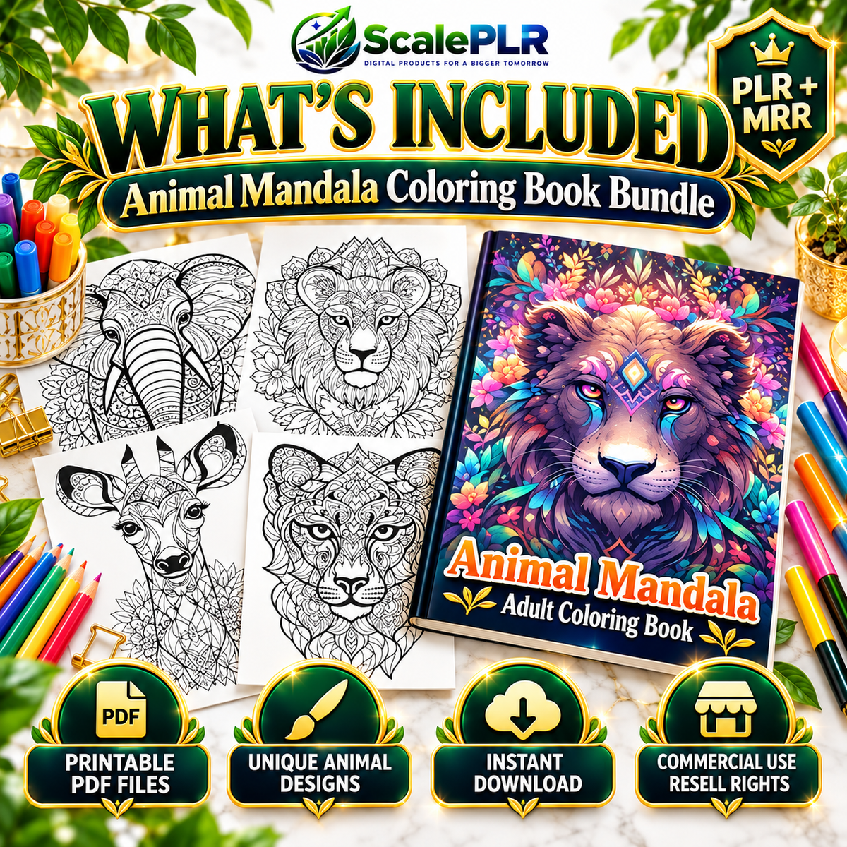 50 Animal Mandala Coloring Pages | Printable Coloring Book | Resell Rights Included