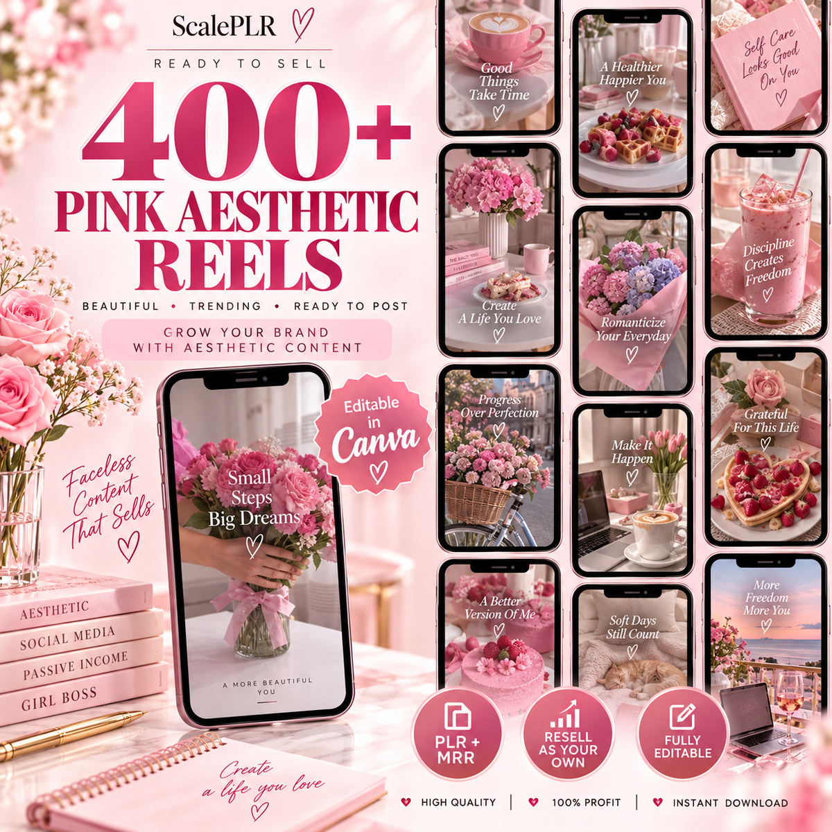 550 Pink Aesthetic Faceless Content (with Master Resell Rights)