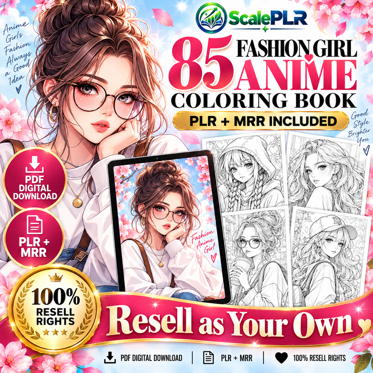 85 Fashion Girl Anime Coloring Pages | Printable Coloring Book | PLR + MRR Resell Rights