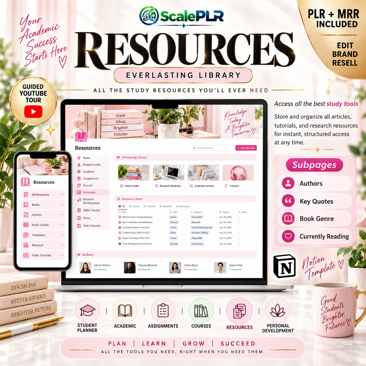 Beautiful Pink Student Notion Planner with Resell Rights