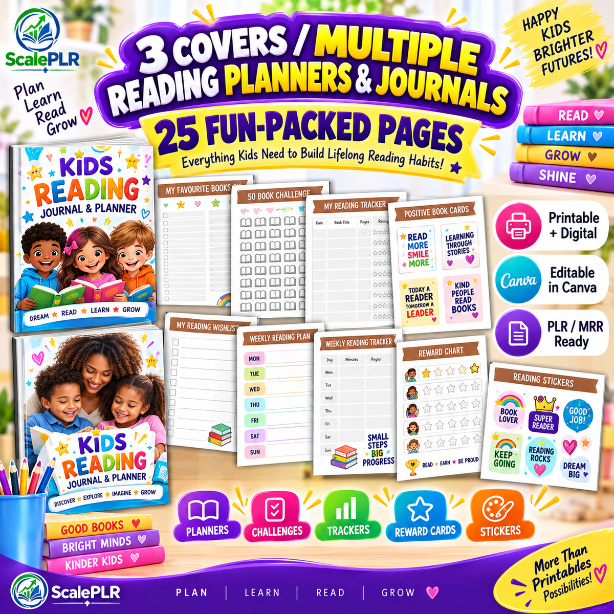 Kids Reading Planner & Journal 2026 | 1200+ Canva Templates | PLR + MRR Resell Rights
