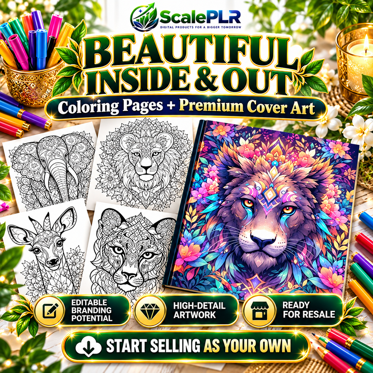 50 Animal Mandala Coloring Pages | Printable Coloring Book | Resell Rights Included