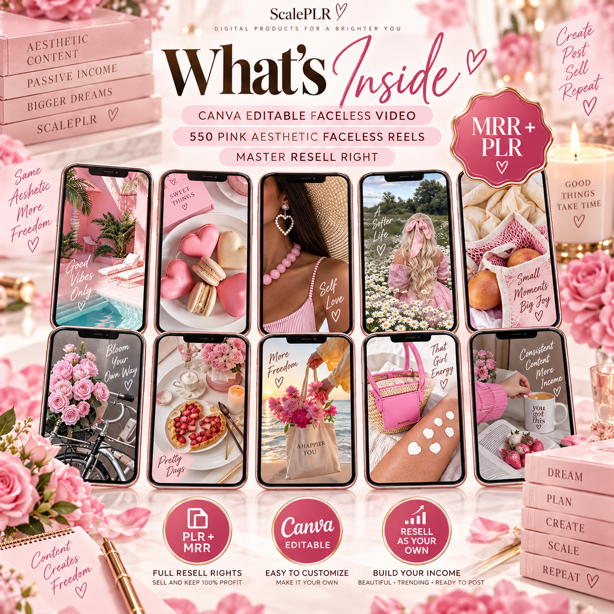 550 Pink Aesthetic Faceless Content (with Master Resell Rights)