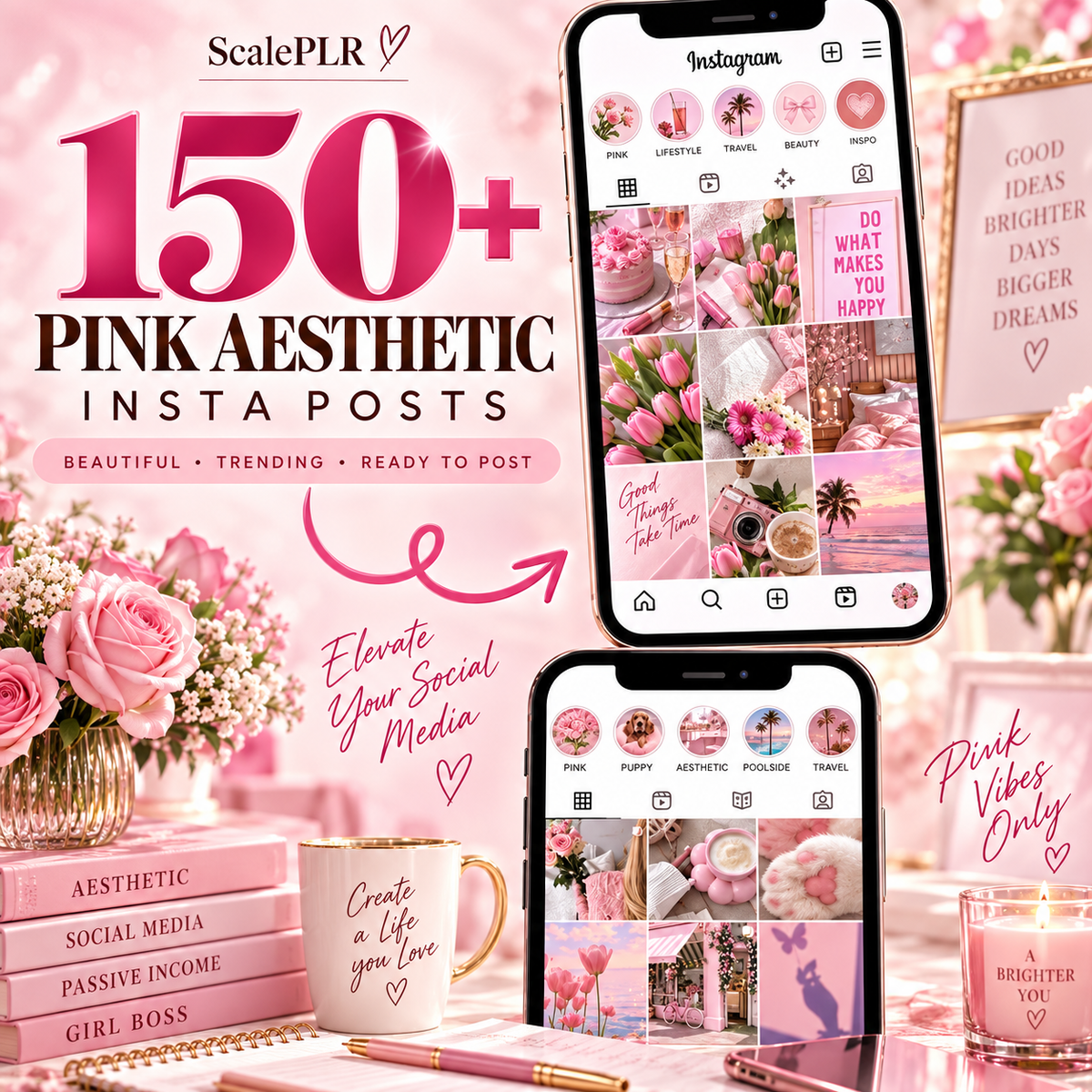 550 Pink Aesthetic Faceless Content (with Master Resell Rights)