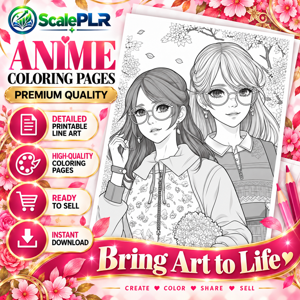 85 Fashion Girl Anime Coloring Pages | Printable Coloring Book | PLR + MRR Resell Rights