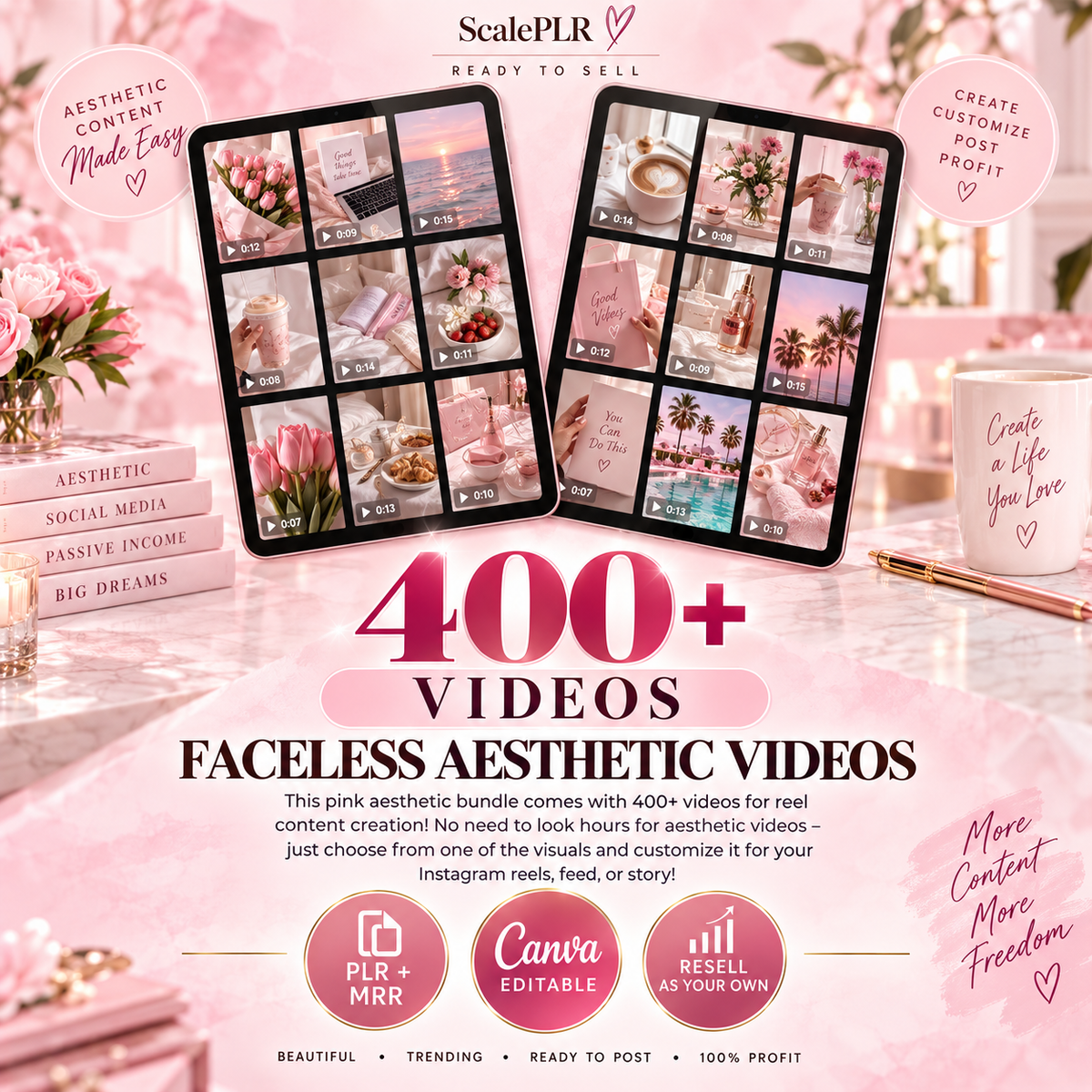 550 Pink Aesthetic Faceless Content (with Master Resell Rights)