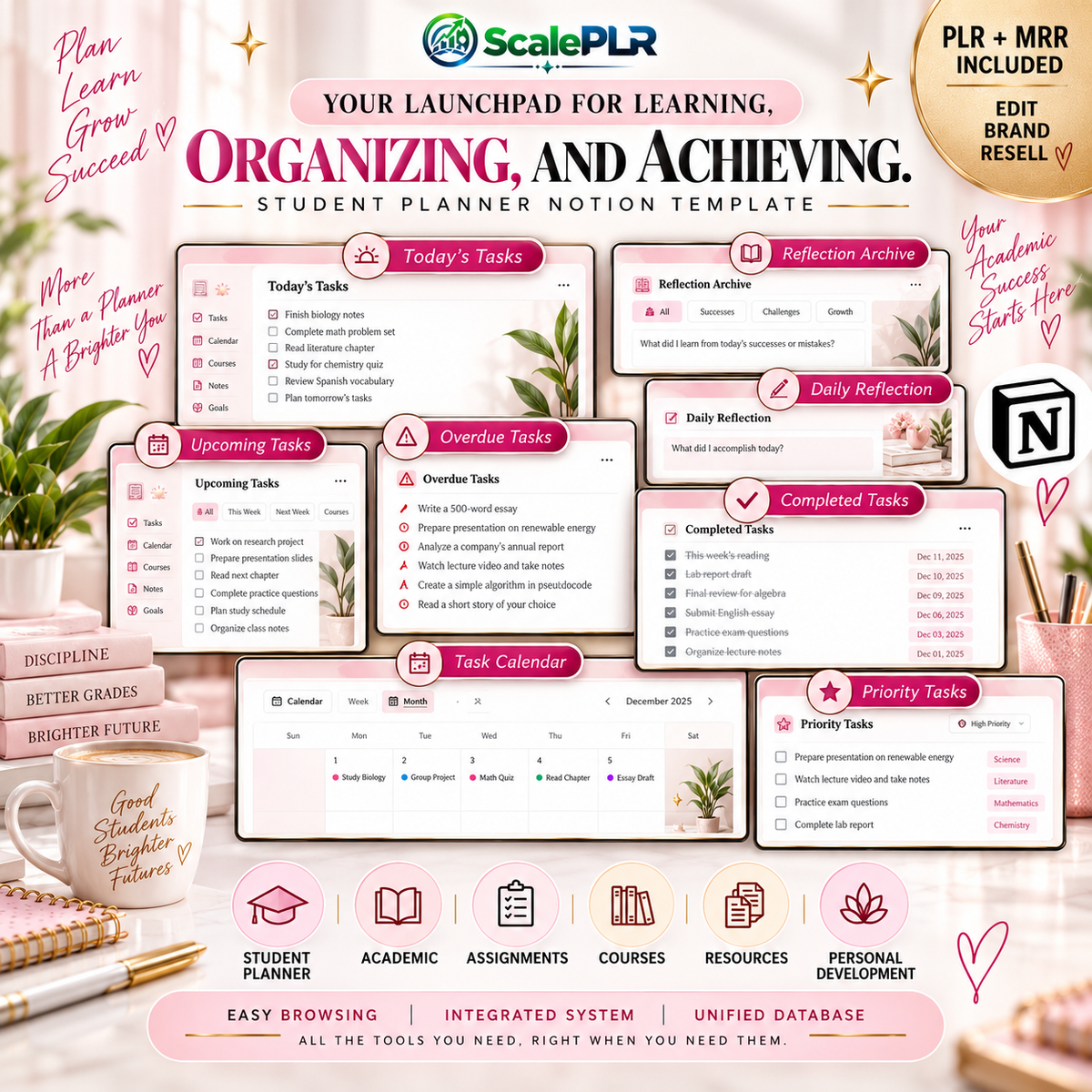 Beautiful Pink Student Notion Planner with Resell Rights