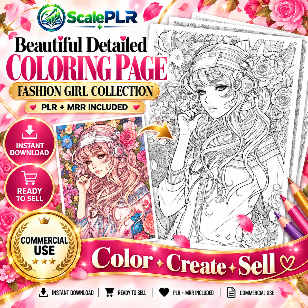 85 Fashion Girl Anime Coloring Pages | Printable Coloring Book | PLR + MRR Resell Rights