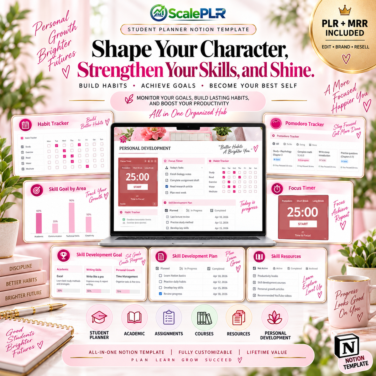 Beautiful Pink Student Notion Planner with Resell Rights